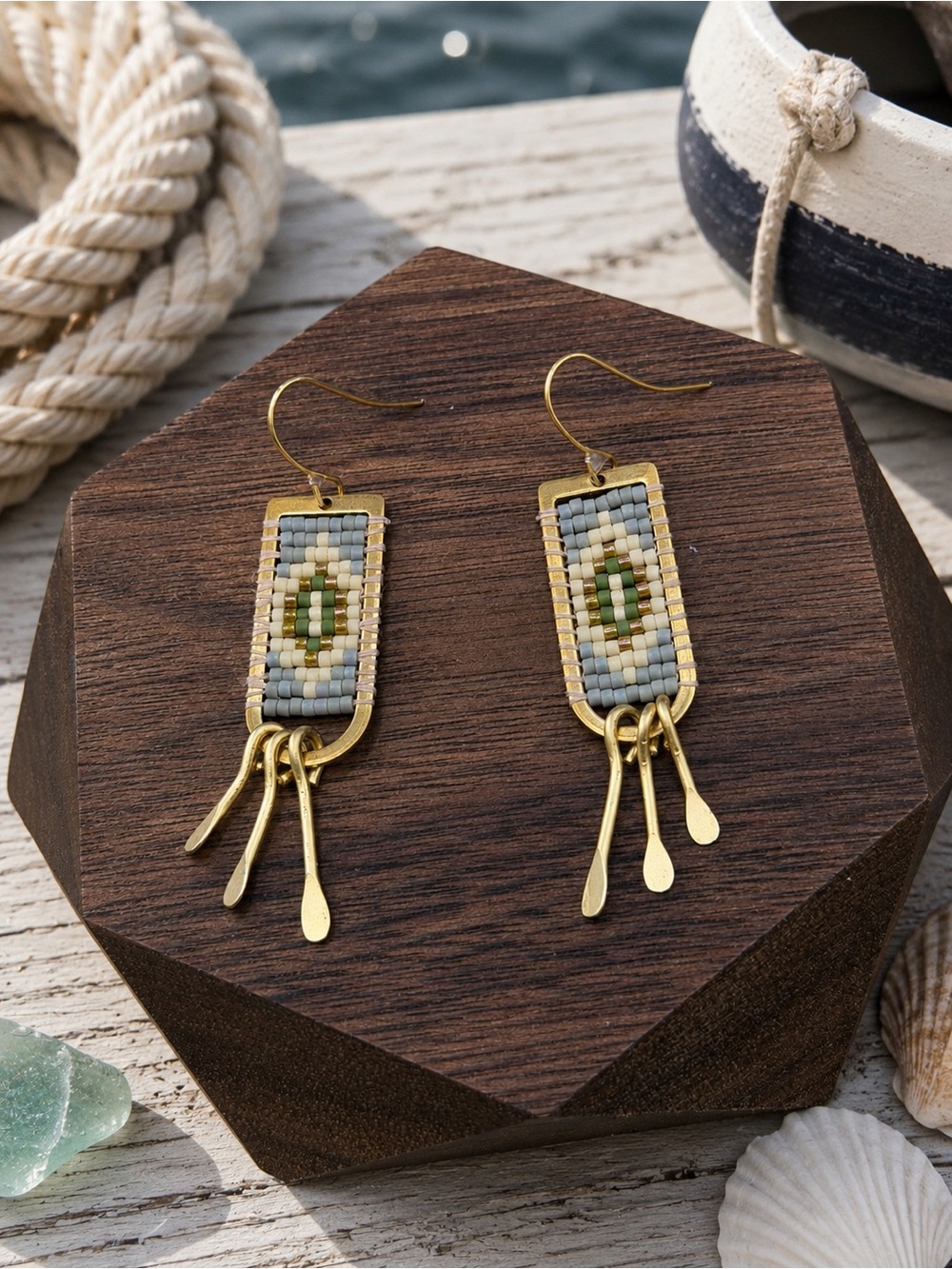 Gold-Tone Blue & Green Seed Bead Drop Earrings with Tassel Accents